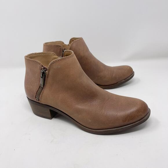 Lucky Brand Womens 6 Brown Burklee Zip Ankle Leather Booties Stacked Block Heel - Picture 1 of 13